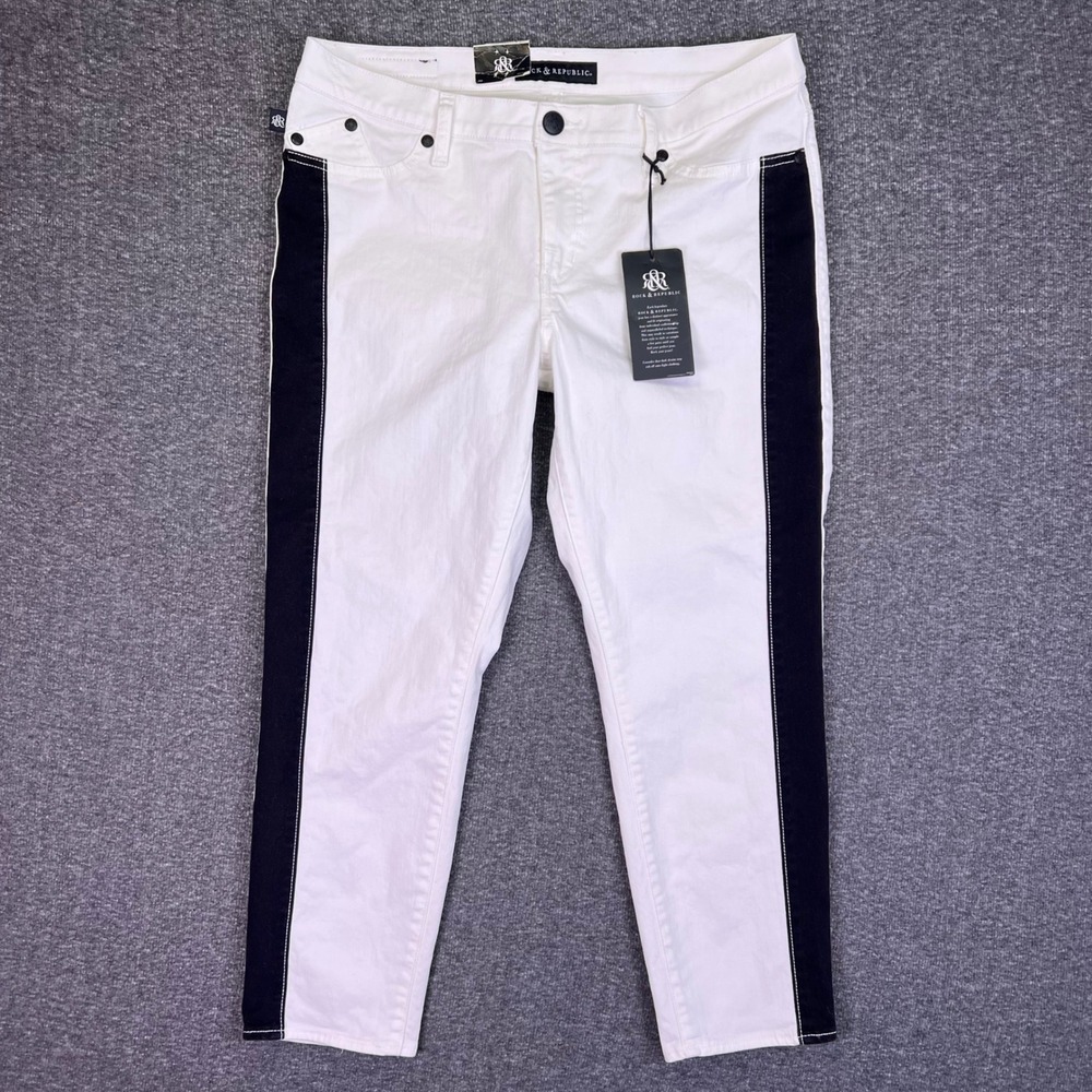 Rock & Republic Carnivale‎ Skinny Jeans Womens 14 White Black Biker Stretch NEW
